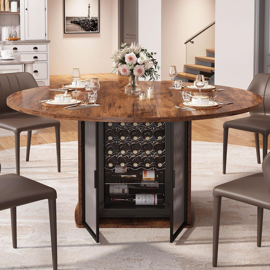 IBF Round Dining Table with Storage, Wood Kitchen Table with Fridge Space, Rustic Circle Dining Room Tables for 4-6, Farmhouse Circular Dinner Tables for Home, Rustic Brown, 47 Inch, Only Table