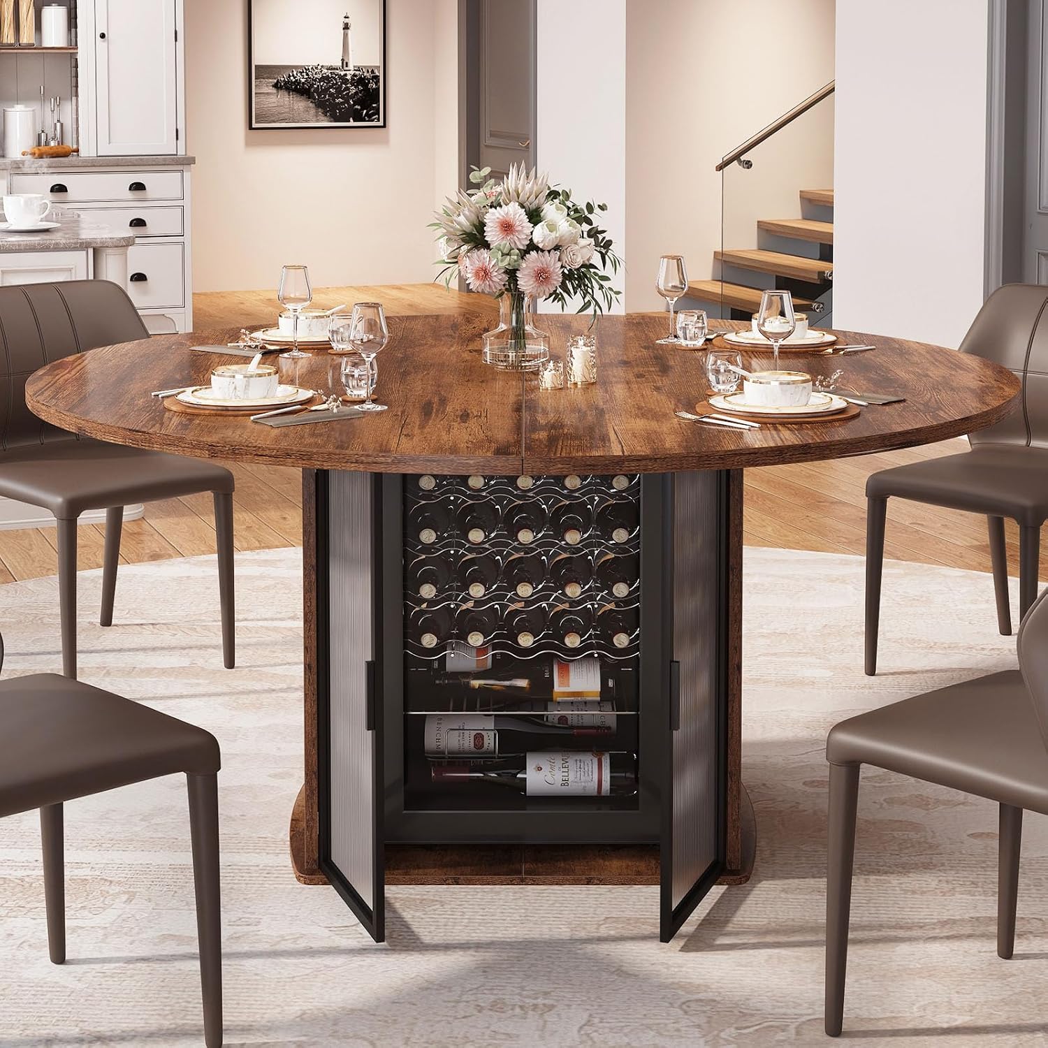 IBF Round Dining Table with Storage, Wood Kitchen Table with Fridge Space, Rustic Circle Dining Room Tables for 4-6, Farmhouse Circular Dinner Tables for Home, Rustic Brown, 47 Inch, Only Table