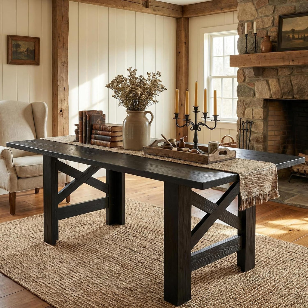 GarveeHome Dining Table for 6-8, 71' Long Large Wooden Farmhouse Kitchen Table with Thick Sturdy Frame, Rectangular Dining Room Dinner Table with Stable Triangular Legs for Kitchen,Office, Retro Black