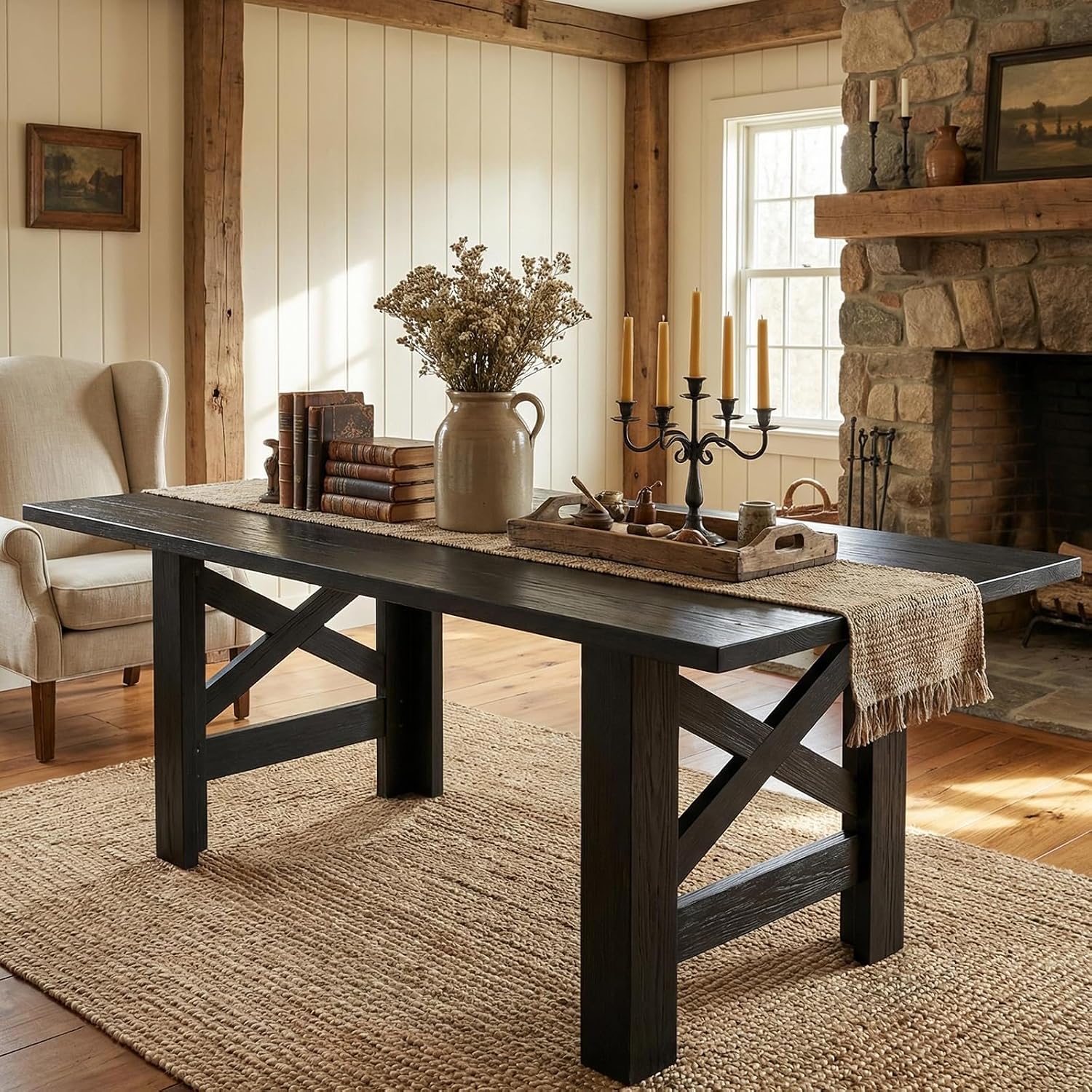 GarveeHome Dining Table for 6-8, 71' Long Large Wooden Farmhouse Kitchen Table with Thick Sturdy Frame, Rectangular Dining Room Dinner Table with Stable Triangular Legs for Kitchen,Office, Retro Black