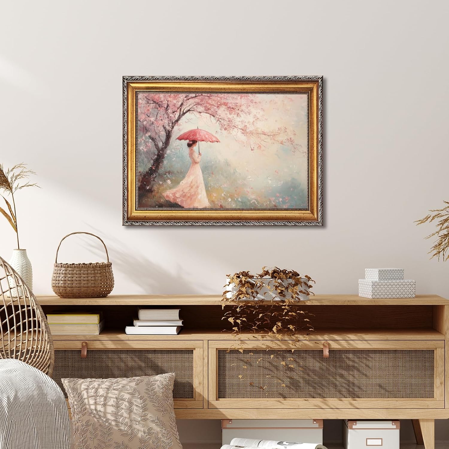 Large Framed Pink Cherry Blossom Tree Girl Oil Painting Wall Art Romantic Woman with Umbrella Canvas Print Spring Floral Japanese-Inspired Decor Vintage Artwork for Living Room Bedroom 24x36inch
