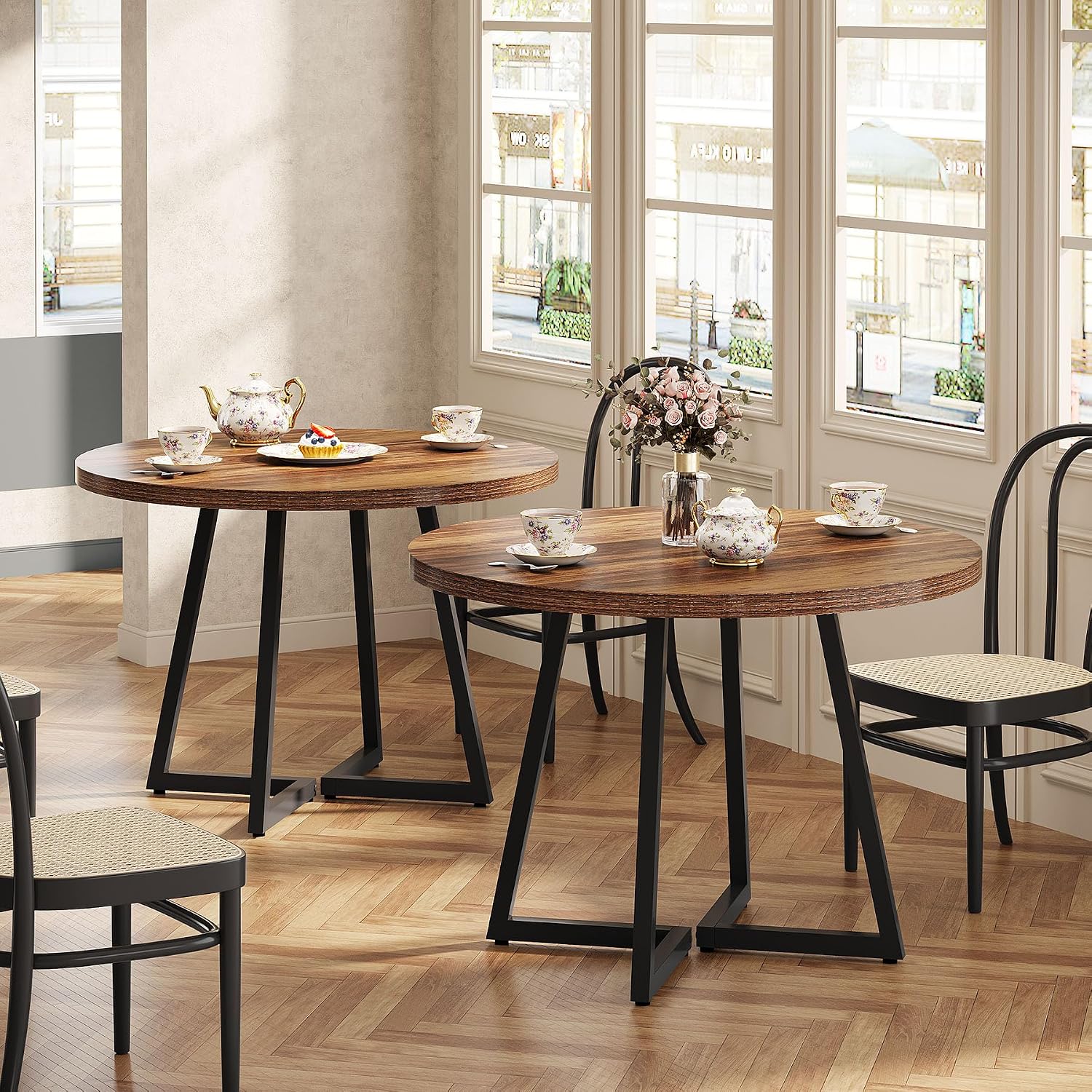 Tribesigns Round Commercial Dining Table Set of 4, 31.5' Heavy Duty Dinner Table with Metal Base, Wooden Kitchen Table for Restaurant, Cafe, Bakery, Bar, Apartment, Rustic Brown & Black