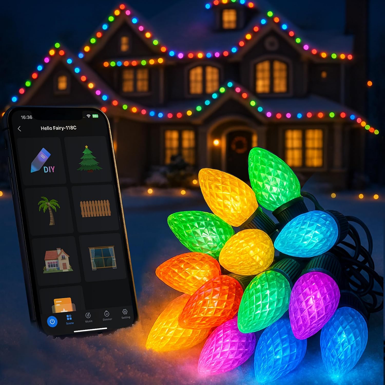 LED C9 Christmas Lights Outdoor,100FT 150 LEDs,App Remote Controlled RGB Smart String Lights with DIY,Music Sync & Timer,108 Modes,Waterproof & Extendable for Roofline,House,Xmas Tree,Halloween Decor