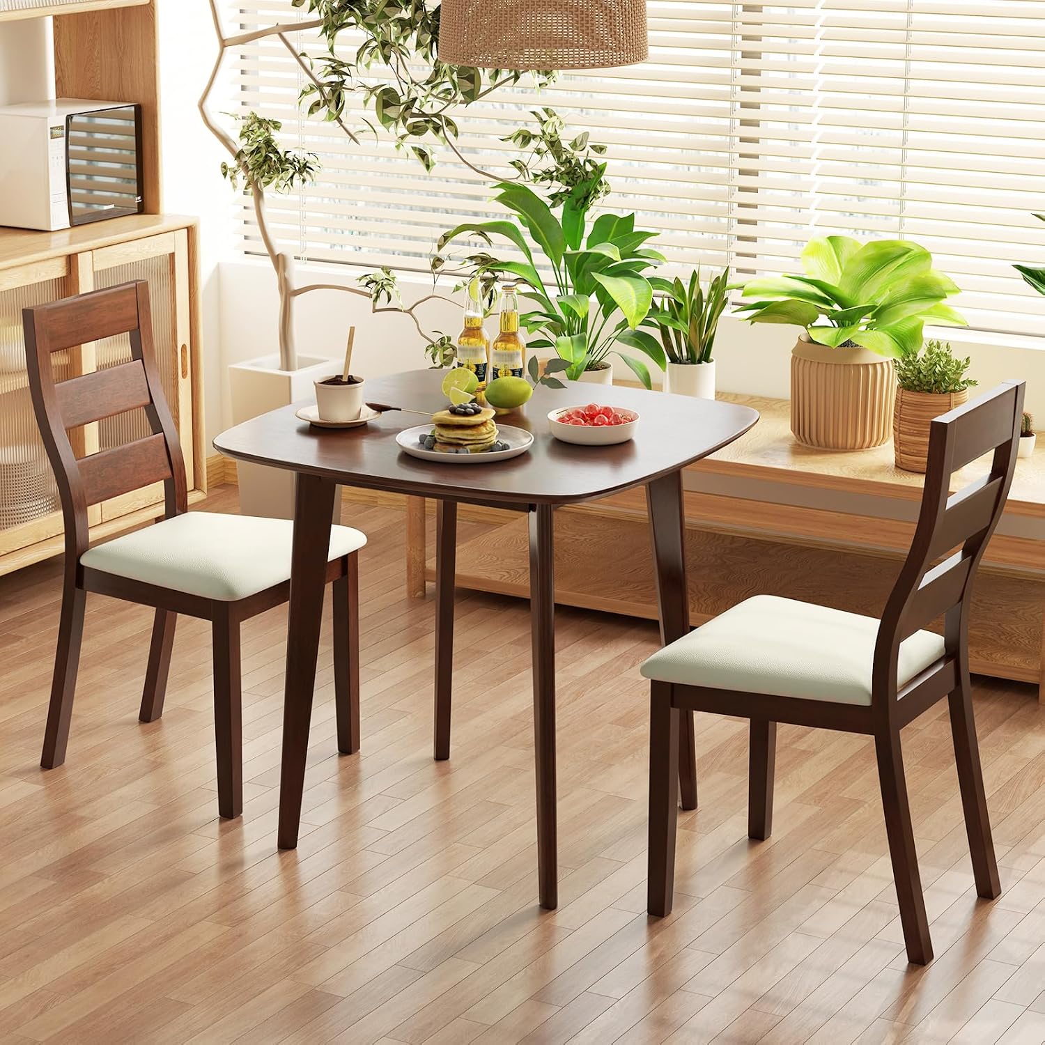 Giantex Small Dining Table Set for 2, Wood Square Kitchen Table and 2 Dinner Chairs with Upholstered Seat & Curved Backrest, Space-Saving Dinette Set for Small Space, Living Room, Dining Room