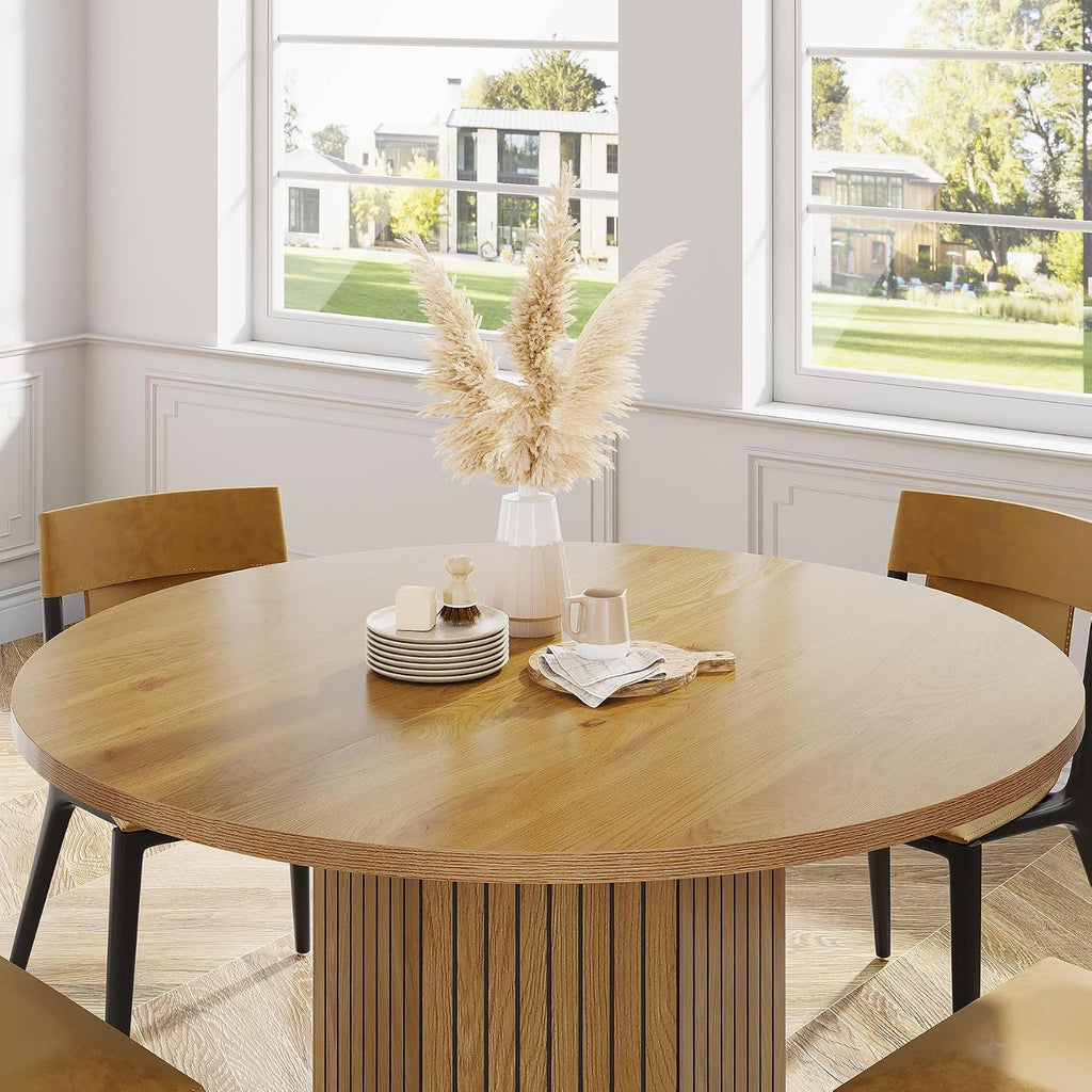 Tribesigns Wood Round Dining Table for Kitchen Room, 47 inch Dinner Table for 4 People with Heavy Duty Pedestal Base Circle Oak Tabletop for Kitchen Living Room, Natural Oak