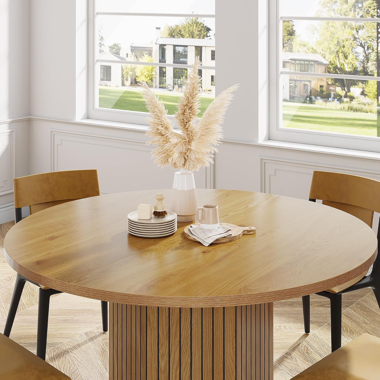 Tribesigns Wood Round Dining Table for Kitchen Room, 47 inch Dinner Table for 4 People with Heavy Duty Pedestal Base Circle Oak Tabletop for Kitchen Living Room, Natural Oak