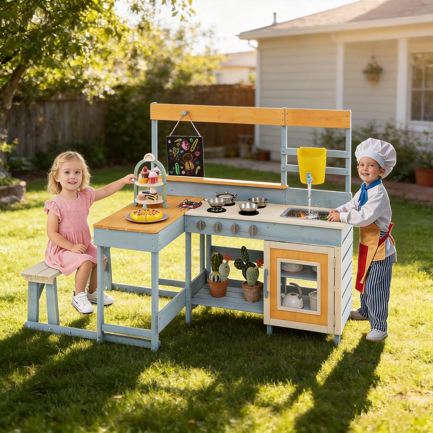 Costzon 2-in-1 Mud Kitchen & Kids Picnic Table, Fir Wood Kids Kitchen Playset with Seat, Wooden Tea Party Set, Cooking Accessories, Blackboard, Outdoor Play Kitchen, Gift for Girls Boys Ages 3+