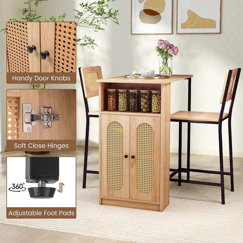 Giantex 3-Pcs Boho Rattan Dining Table Set for 2, Counter Height Bar Table with Storage Cabinet, Adjustable Shelf, 2 Bar Stools for Small Spaces, Dinette, Breakfast, Kitchen, Living Room, Apartment