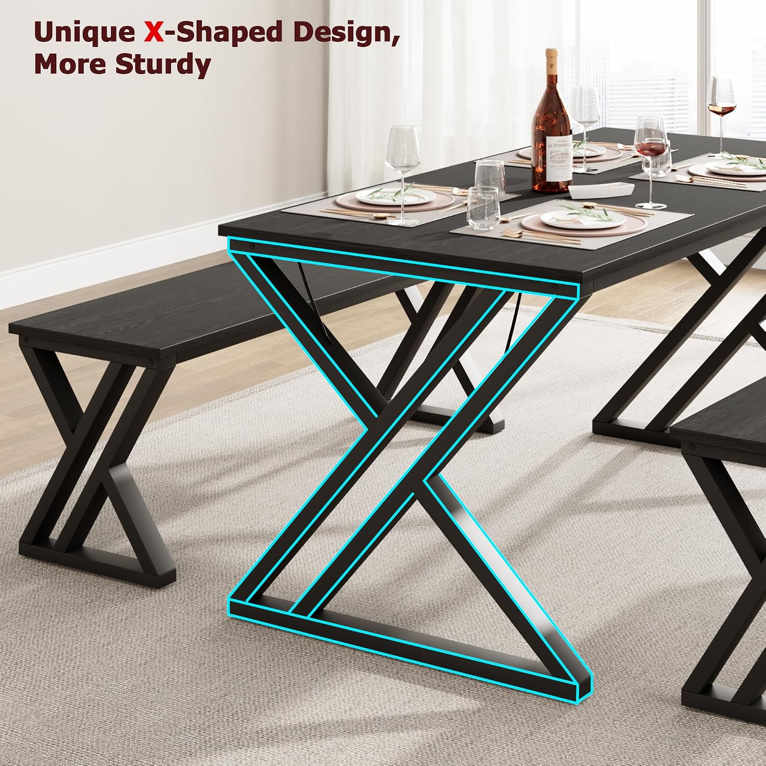 GarveeHome 55' Kitchen Table with 2 Benches, Dining Table Set for 4, Saving Space Dining Room Table Set for Kitchen, Dining Room, Apartment, Sturdy Metal Frame, Black