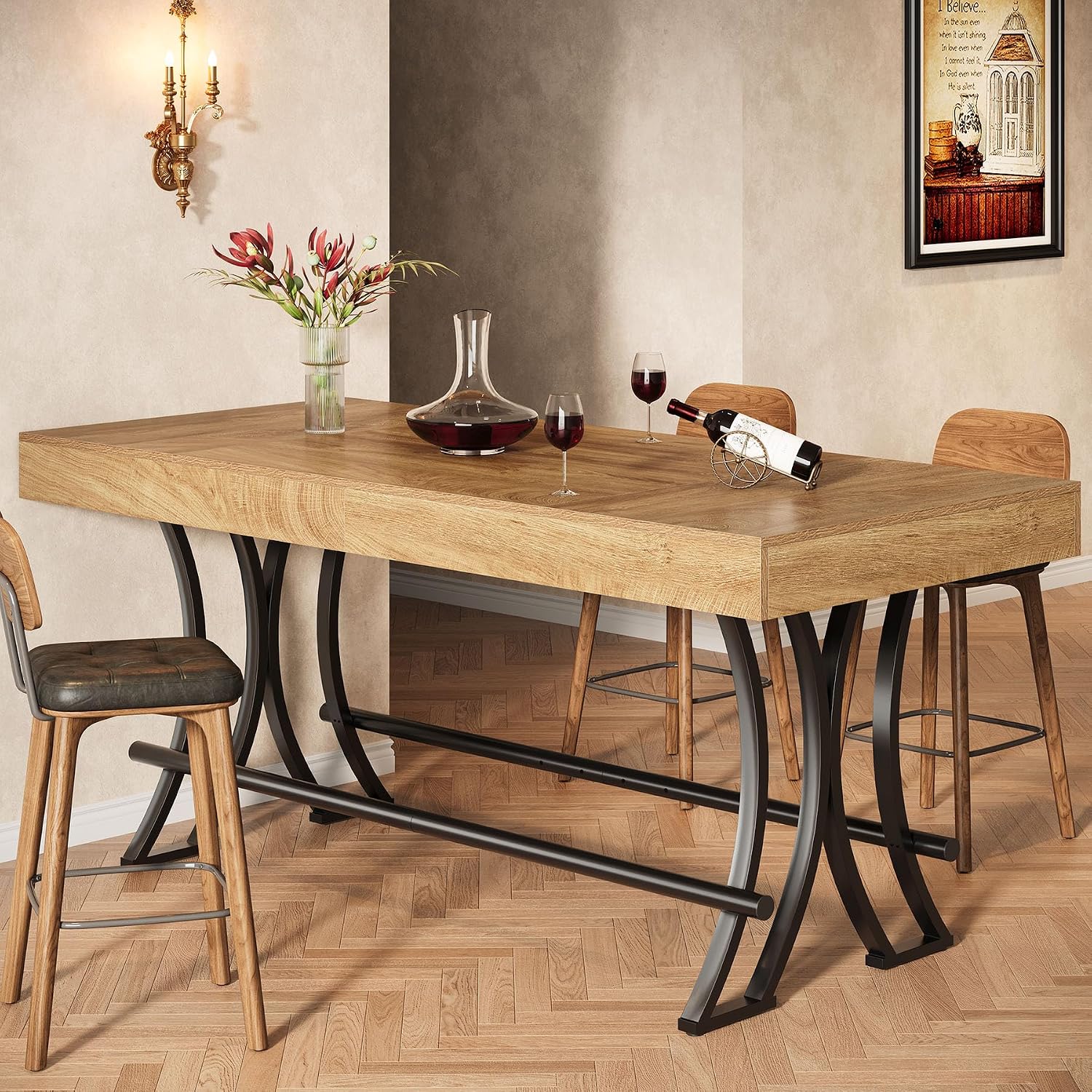 Tribesigns 63' Counter Height Bar Table with Metal Footrest, Rectangular Tall Kitchen Dining Pub Table, Industrial Home Bar Unit for Entertaining, Freestanding, Rustic Brown