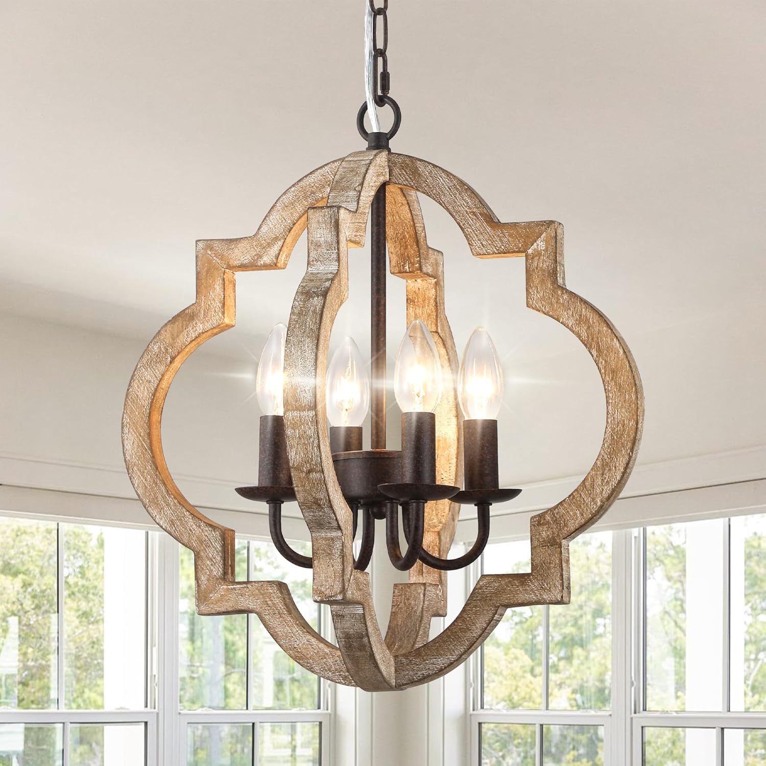 16 Inch Farmhouse Chandelier for Dining Room French Country Light Fixtures Over Table 4-Light Rustic Orb Wood Chandelier for Kitchen Hallway Foyer Entryway Bedroom