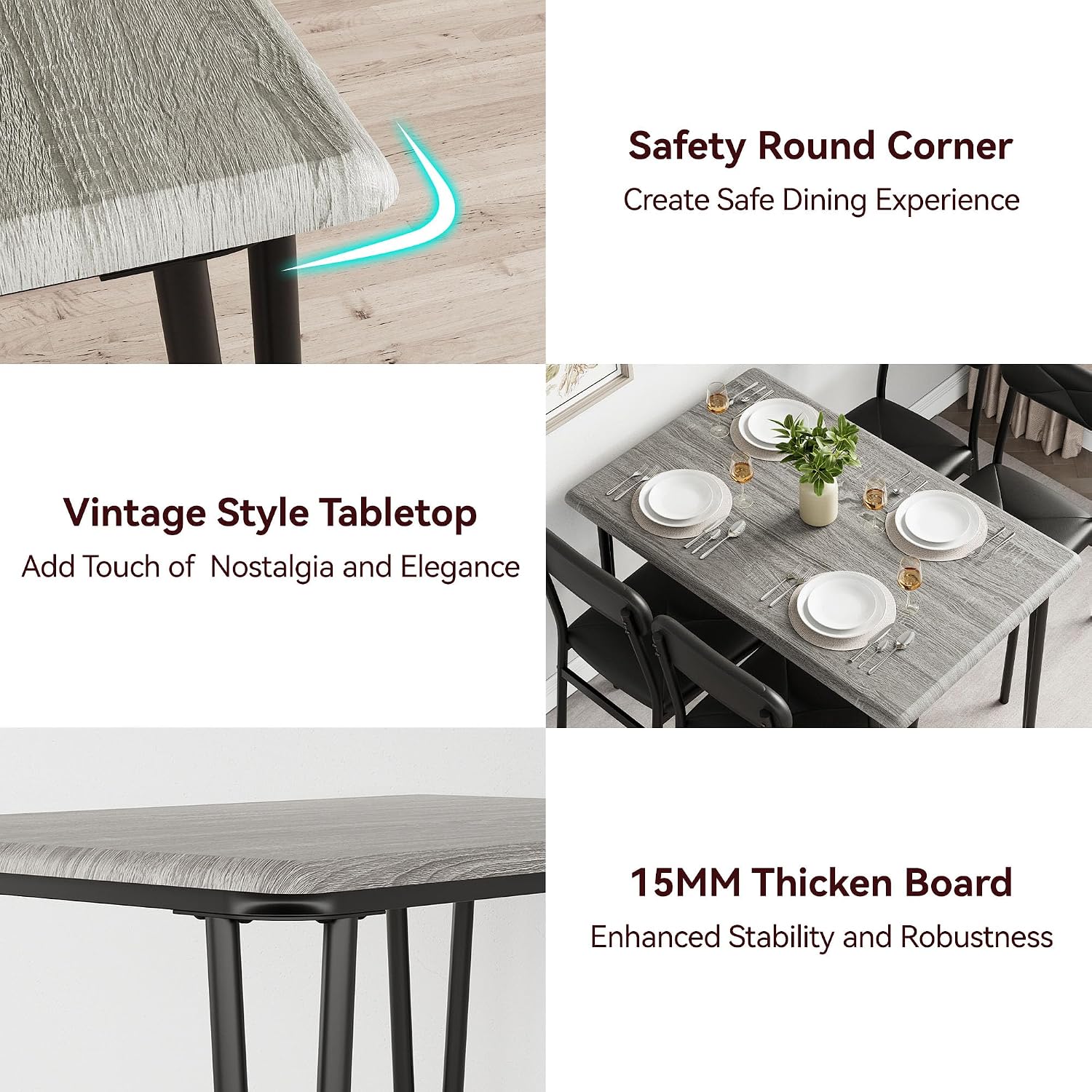 IDEALHOUSE Dining Table Set for 4, Kitchen Table with Upholstered Chairs for Kitchen Room and Small Spaces (Grey, Table with 4 Upholstered Chairs)