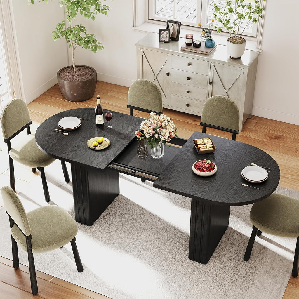 Zevemomo 62.99'-78.74' Oval Expandable Dining Table, Extendable Dining Room Table for 4-8 People with Wooden Strip Base, Modern Kitchen Table with Slide Metal Track, for Family Living Room-Black