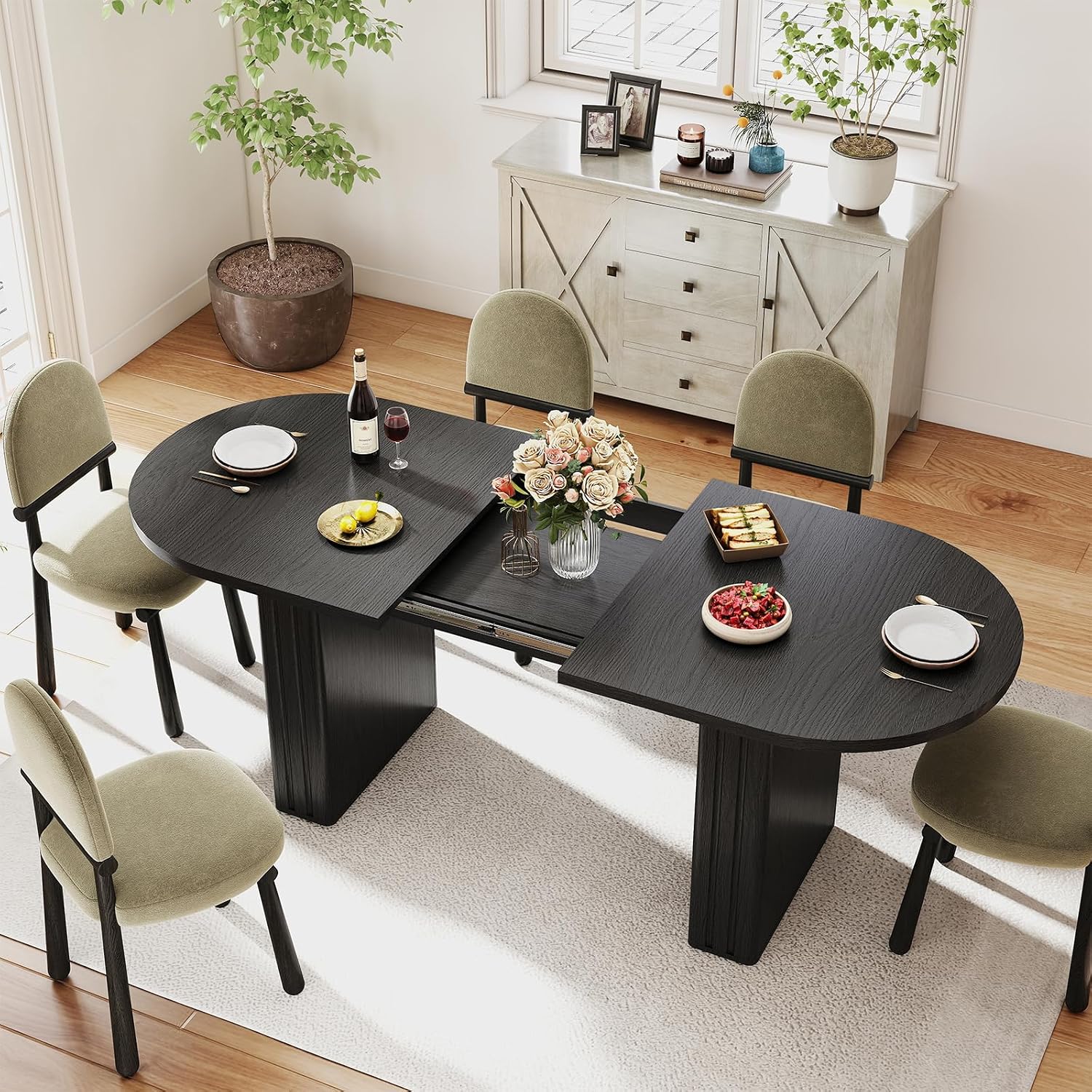 Zevemomo 62.99'-78.74' Oval Expandable Dining Table, Extendable Dining Room Table for 4-8 People with Wooden Strip Base, Modern Kitchen Table with Slide Metal Track, for Family Living Room-Black