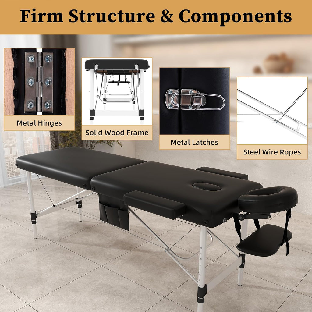 civama Massage Table Massage Bed Portable, 26 LBs Light Weight 2 Section Foldable Tattoo Bed Facial Care Spa Lash Bed Height Adjustable Sturdy Aluminum Frame with Accessories Carrying Bag, Black