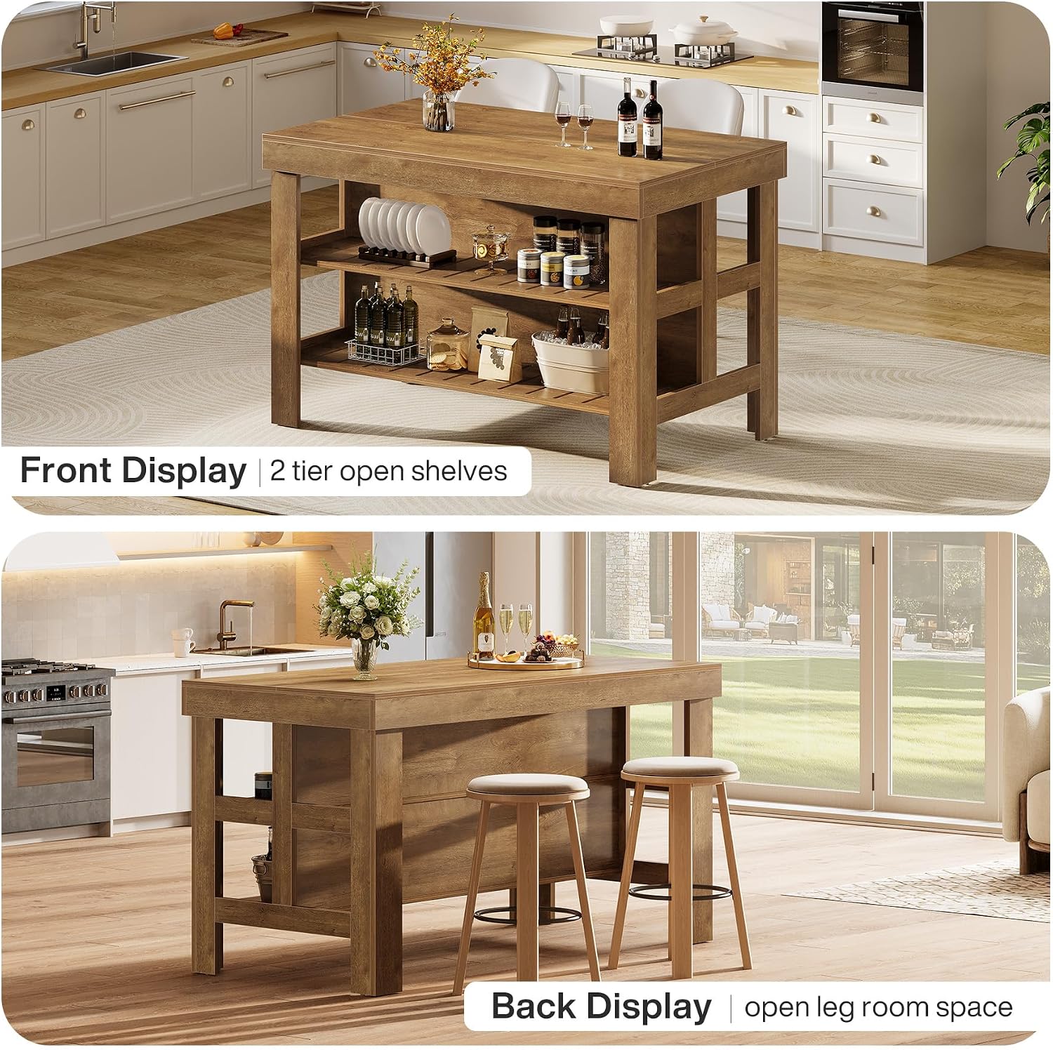 Tribesigns Kitchen Island with Seating and Storage Shelves, 55.1-Inch Breakfast Counter Farmhouse Island Table for Kitchen Dining Room (All Brown)