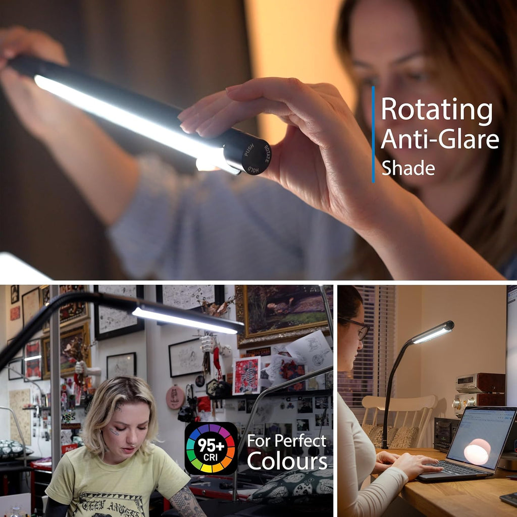 Electra Table Lamp: 3 Color Temperatures (Daylight 6000K/Cool 4000K/Warm 2700K), 95+ CRI LED, Dimmer Switch, Flexible Arm, Desk Lamp for Artists, Crafts & Office (Black, 2500 Lux at 12')