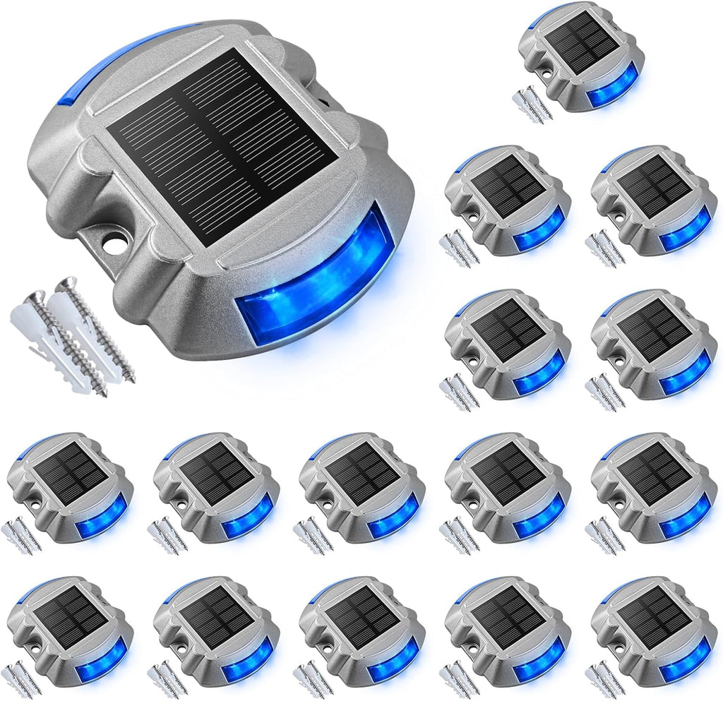 VOLISUN Solar Deck/Dock Lights, 16-Pack Led IP68 Waterproof Outdoor Warning Step Lights for Driveway Sidewalk Garden Pathway Yard (Blue, Auto On/Off