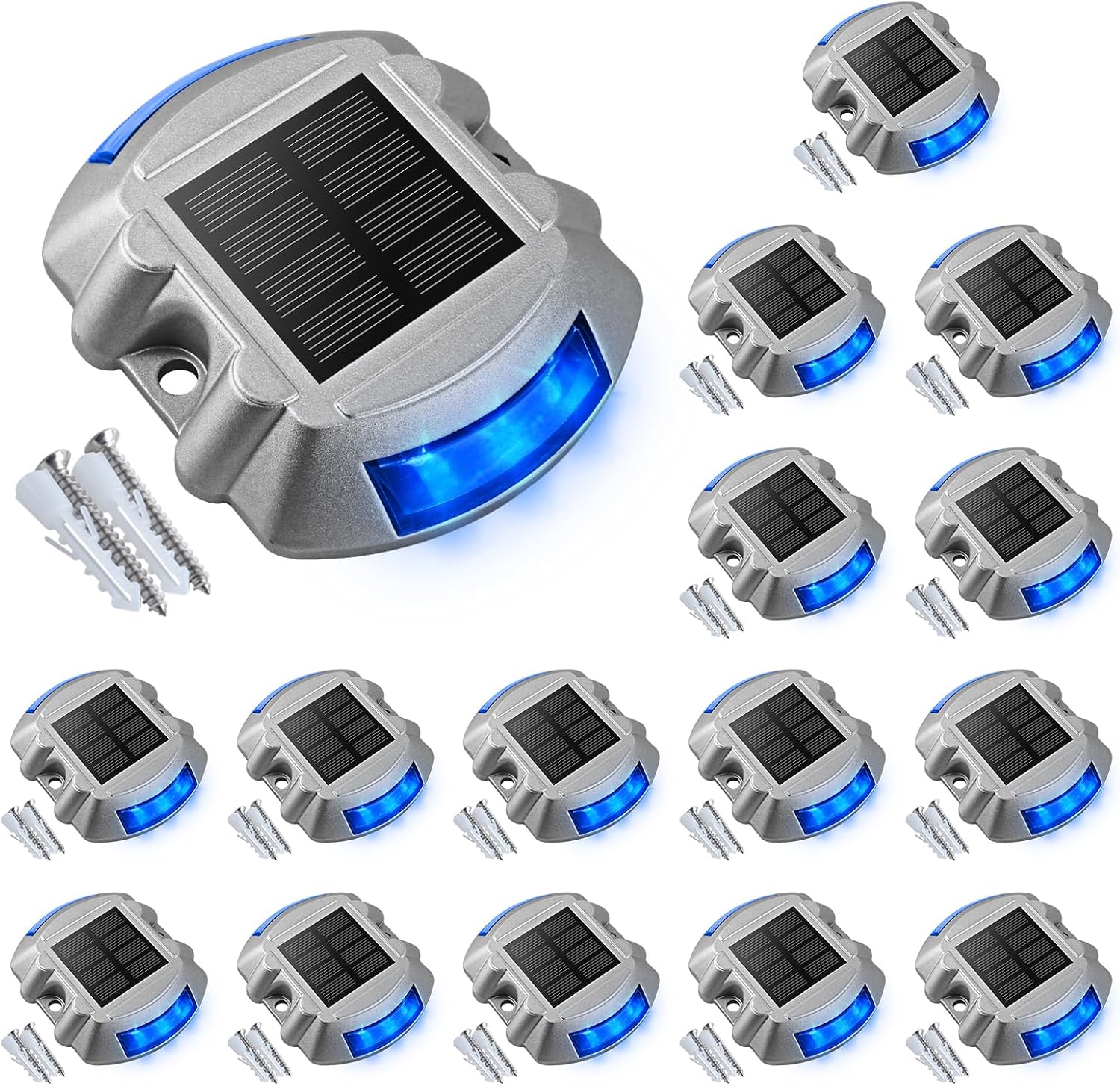 VOLISUN Solar Deck/Dock Lights, 16-Pack Led IP68 Waterproof Outdoor Warning Step Lights for Driveway Sidewalk Garden Pathway Yard (Blue, Auto On/Off