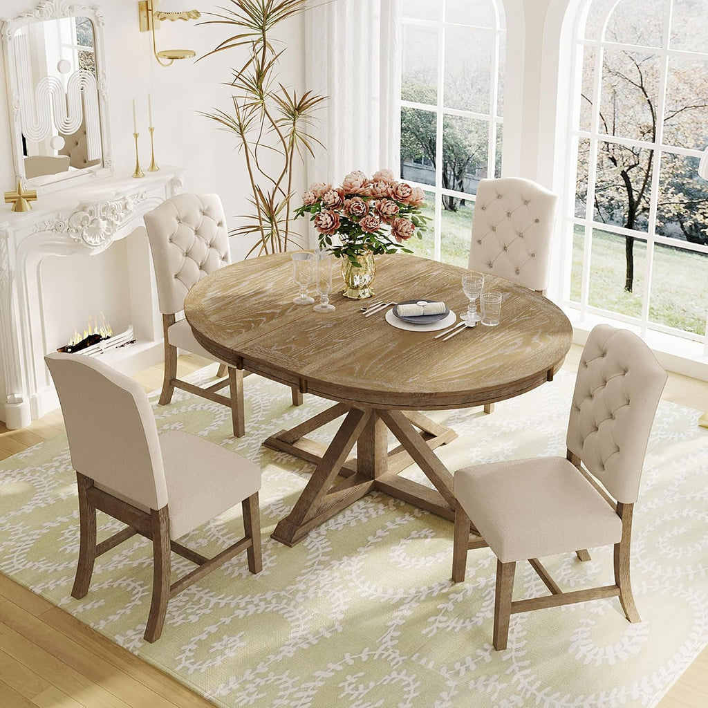 Bellemave Extendable Dining Table Set for 4, 5-Piece Round Table Set with 4 Chairs, Circle Table with Upholstered Chairs, Oval Kitchen Table Set with Extendable Table (Natural Wood Wash)