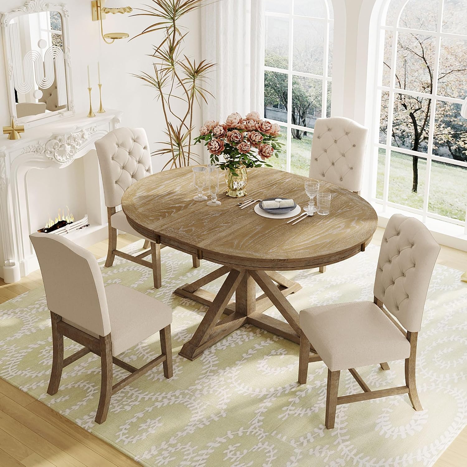 Bellemave Extendable Dining Table Set for 4, 5-Piece Round Table Set with 4 Chairs, Circle Table with Upholstered Chairs, Oval Kitchen Table Set with Extendable Table (Natural Wood Wash)
