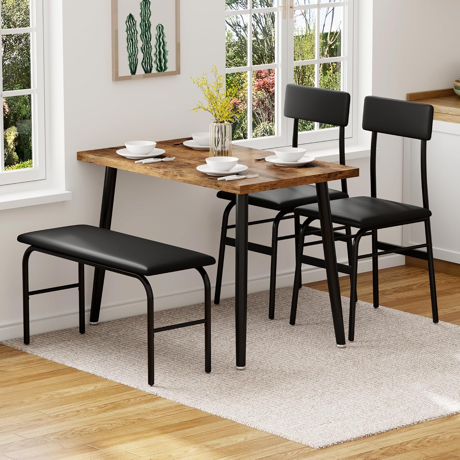 IDEALHOUSE Dining Table Set for 4, 4 Piece Kitchen Table Set with Upholstered Bench & 2 Chairs, Breakfast Table for Samll Space, Dining Room, Apartment, Restaurant, Rustic Brown