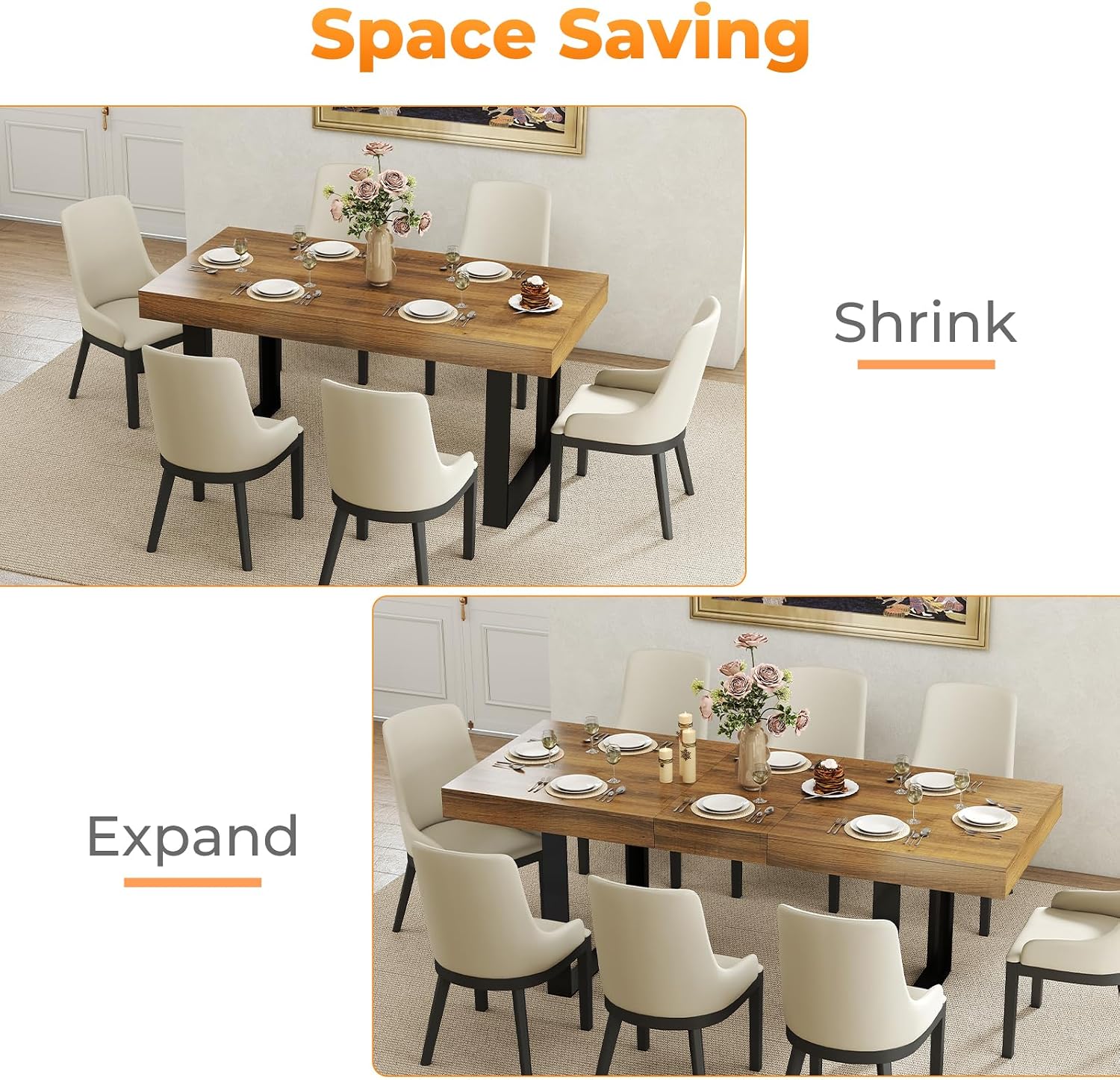 Zevemomo 63'-78.7' Expandable Dining Table, 6-8 Extendable Dining Table, Rectangle Conference Table, Farmhouse Kitchen Table with Slide Track, Tapered U-Shaped Wood Legs for Office, Living Room-Brown