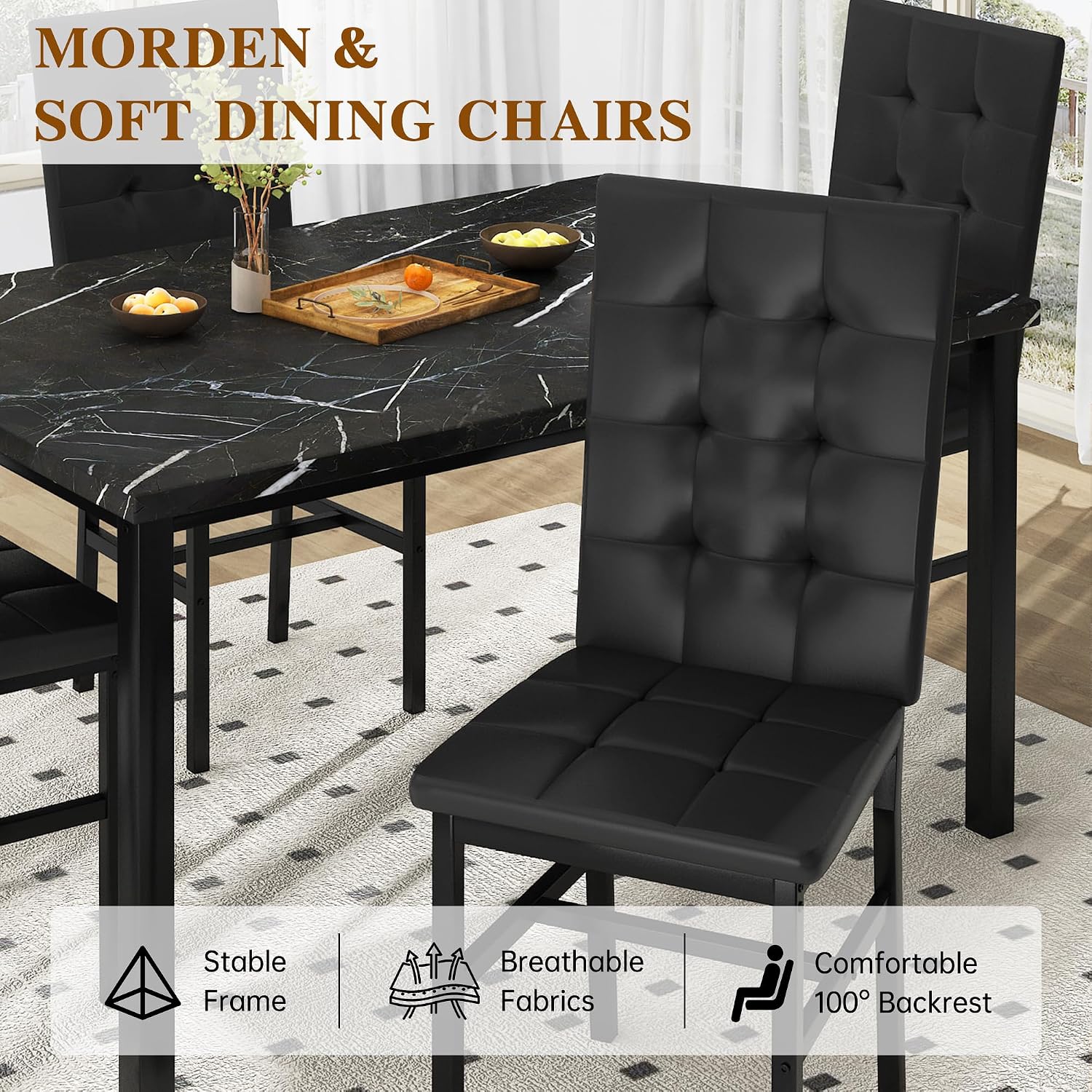 AWQM Dining Table Set for 4,Faux Marble Kitchen Table and Chairs Set of 4, Modern Dining Room Table Set for 4,Dinner Table with 4 Leather Chairs, Dinette Set for Small Spaces (Black&Black)