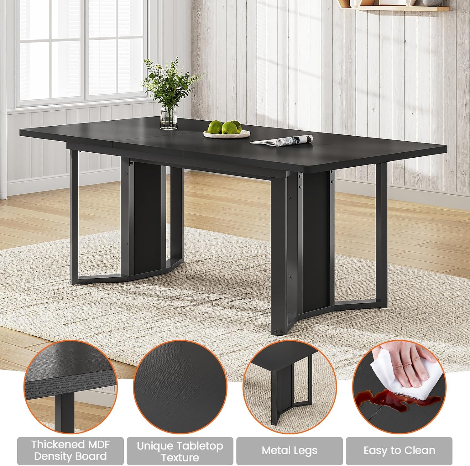 Itaar 5-Piece Dining Table Set for 4-6 People, 63' Extendable Kitchen Table and 4 Cushion Chairs, Dining Room Table with MDF Board & Metal Frame for Small Space, Easy Clean, Black