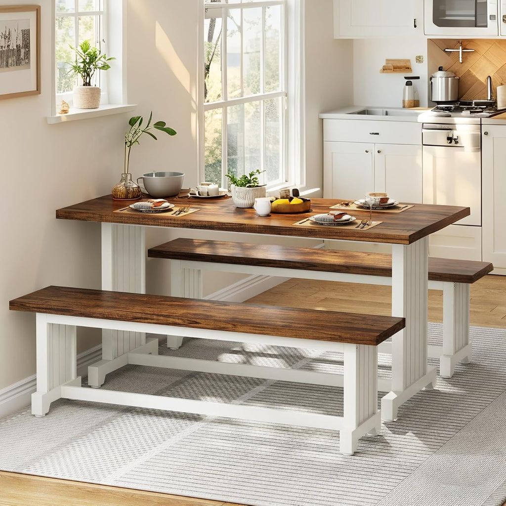 Tribesigns 47-Inch Small Dining Table Set for 2, 3-Piece Kitchen Table with 2 Benches, Farmhouse Wood Dinner Furniture for Narrow Space, Apartment, White & Rustic Brown