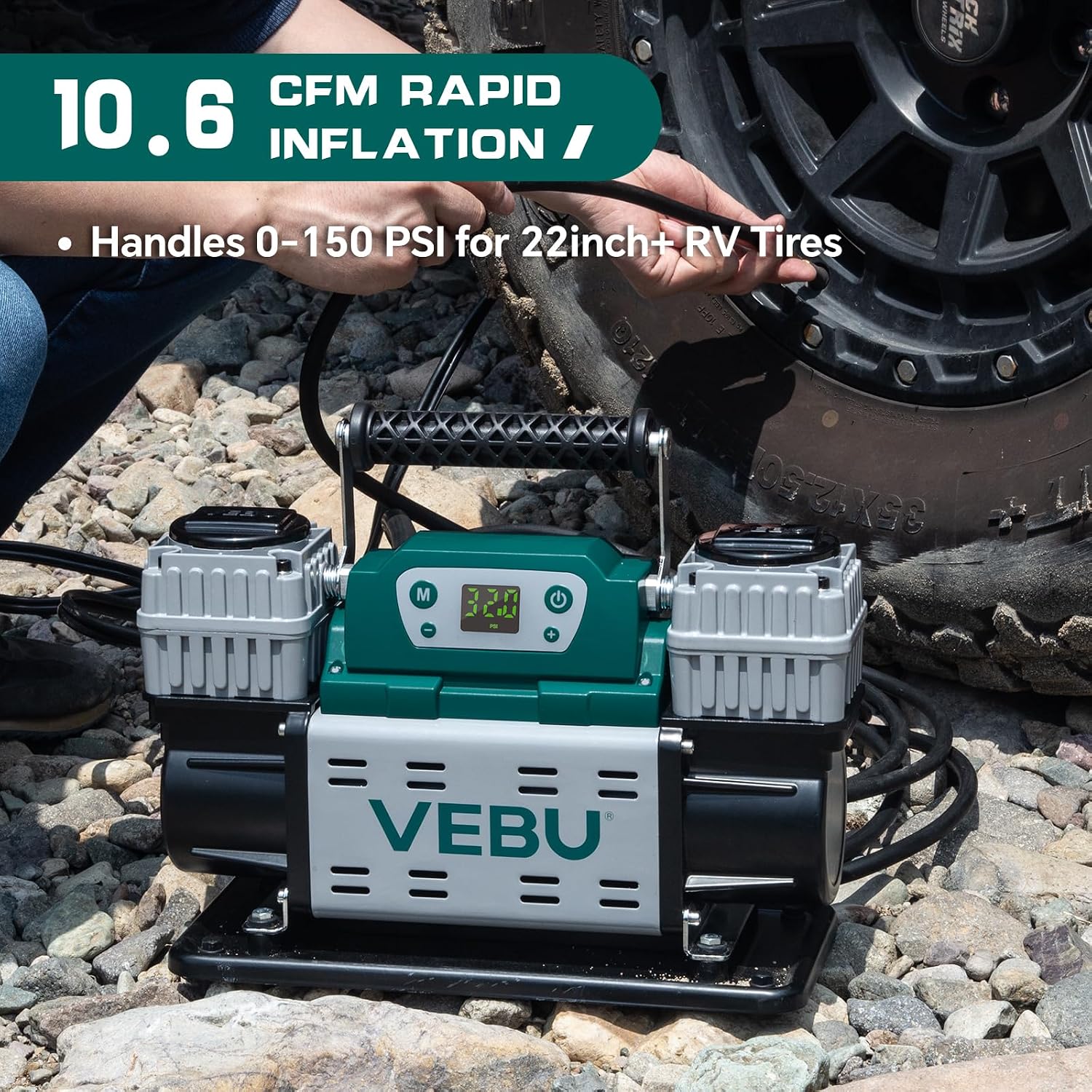 ‌Off-road Air Compressor 12V Tire Inflator, 150PSI with Auto Shut Off, Digital Display & Preset, 10.6CFM Fast Inflation for Off-road Vehicles, Trucks, SUVs, RVs, ATVs
