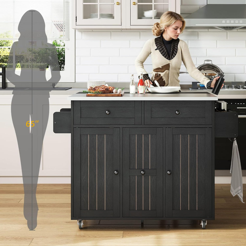 DWVO Kitchen Island on Wheels, Mobile Kitchen Island Cart with Folding Drop Leaf Breakfast Bar, Island Table for Kitchen with Large Storage Cabinets, Racks, Drawers and Adjustable Shelves, Black