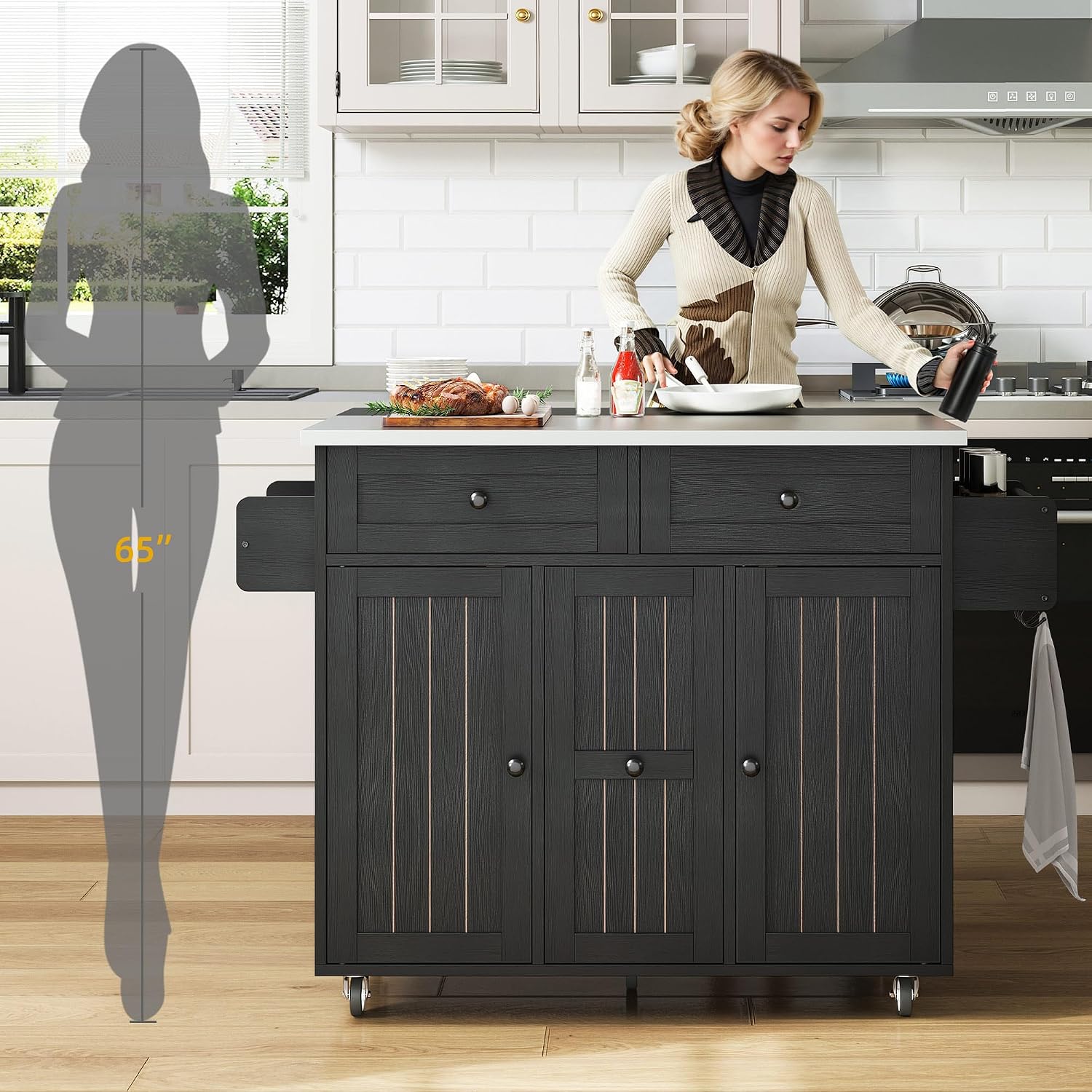 DWVO Kitchen Island on Wheels, Mobile Kitchen Island Cart with Folding Drop Leaf Breakfast Bar, Island Table for Kitchen with Large Storage Cabinets, Racks, Drawers and Adjustable Shelves, Black