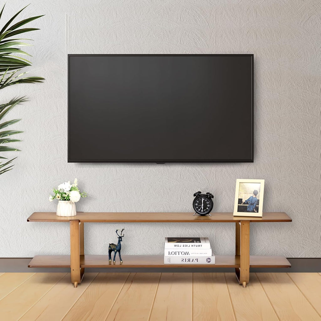 HollyHOME Bamboo TV Stand with Storage for TVs up to 65'', Modern Entertainment Center with 2 Open Shelf, Accent TV Media Console Table for Living Room, Bedroom, 55'(L), Walnut