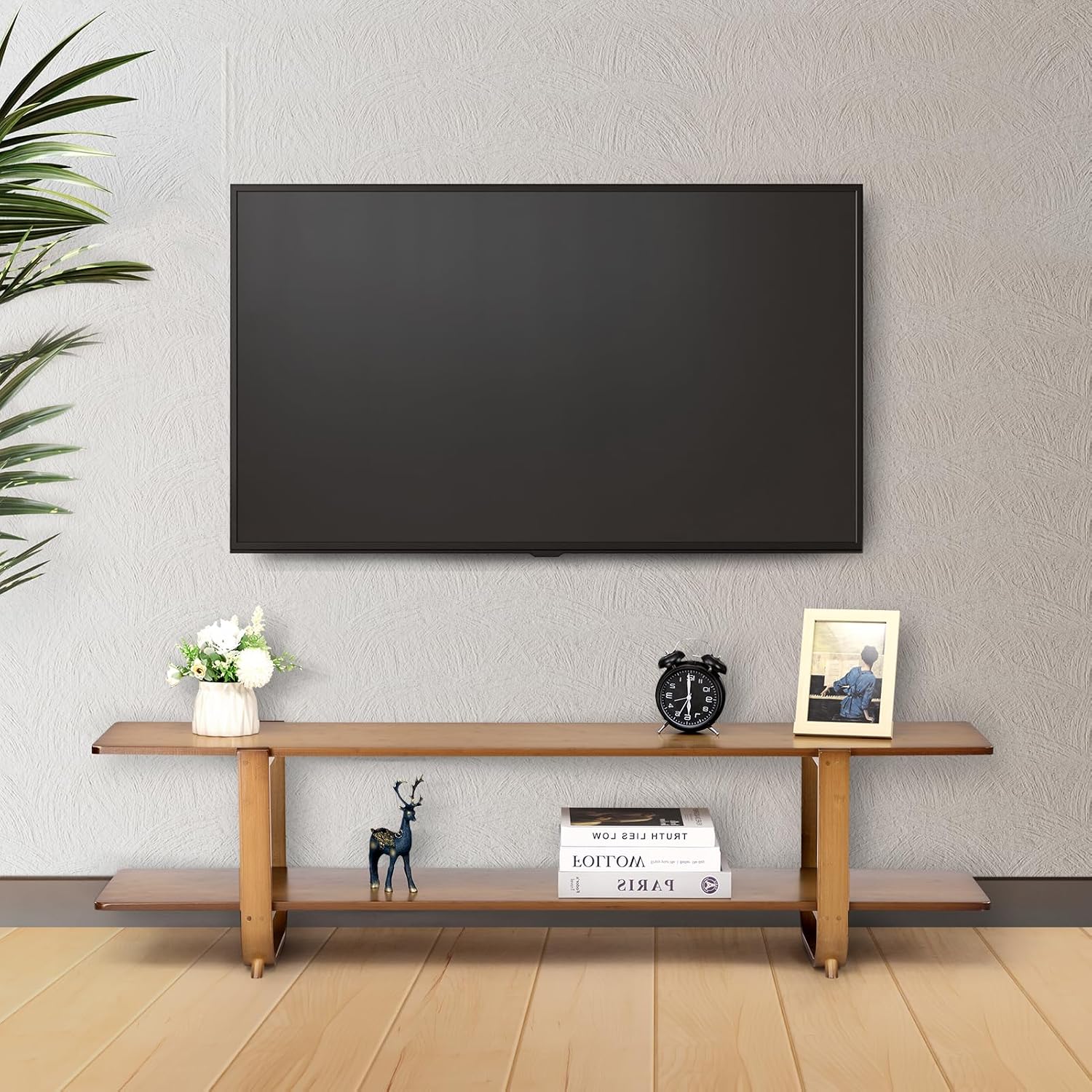 HollyHOME Bamboo TV Stand with Storage for TVs up to 65'', Modern Entertainment Center with 2 Open Shelf, Accent TV Media Console Table for Living Room, Bedroom, 55'(L), Walnut