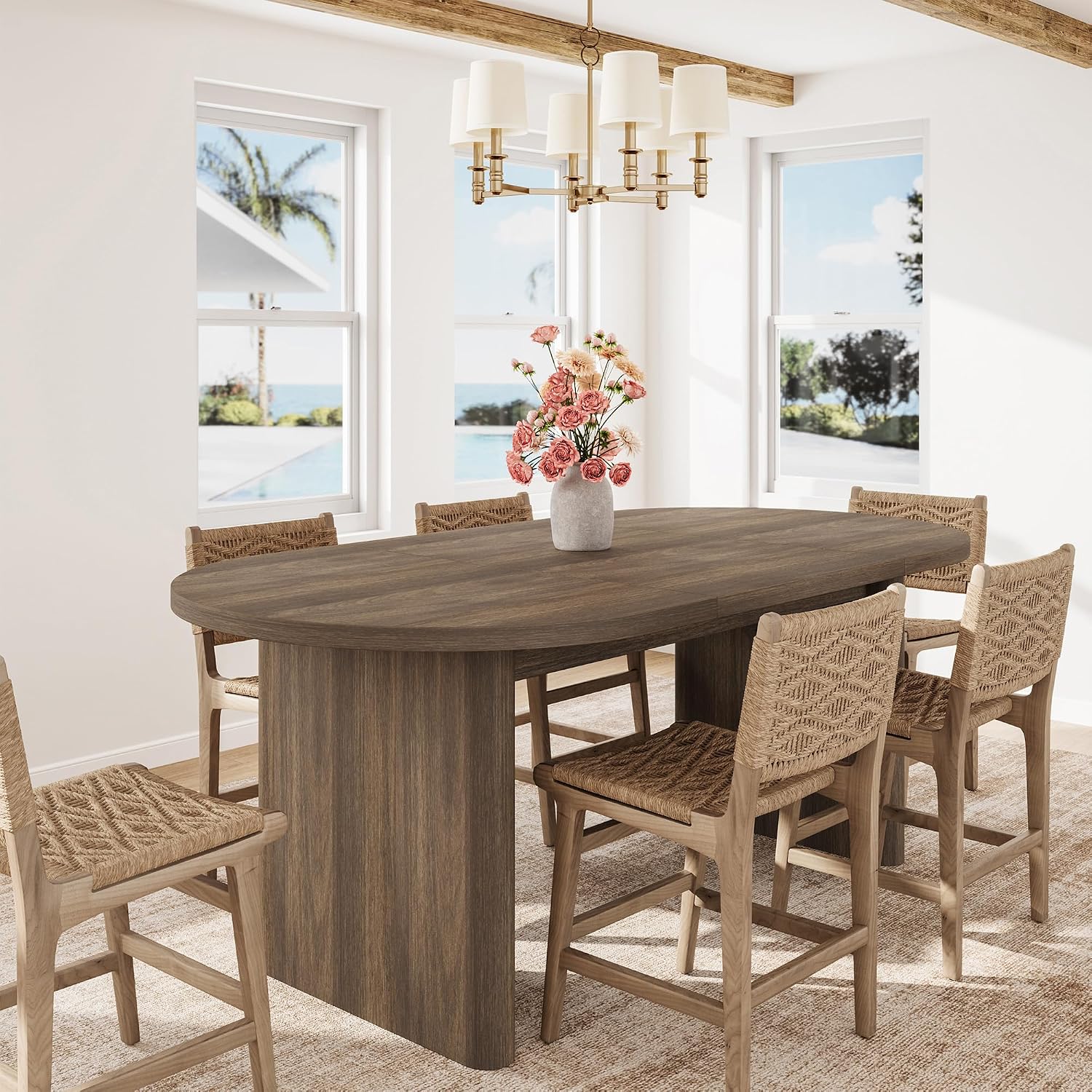 GarveeHome Oval Dining Table for 6-8 People, Long Large Kitchen Table with Thick Sturdy Wooden Base, Farmhouse Dining Room Table for for Kitchen, Living Room, Office (70.87' Long,Brown)