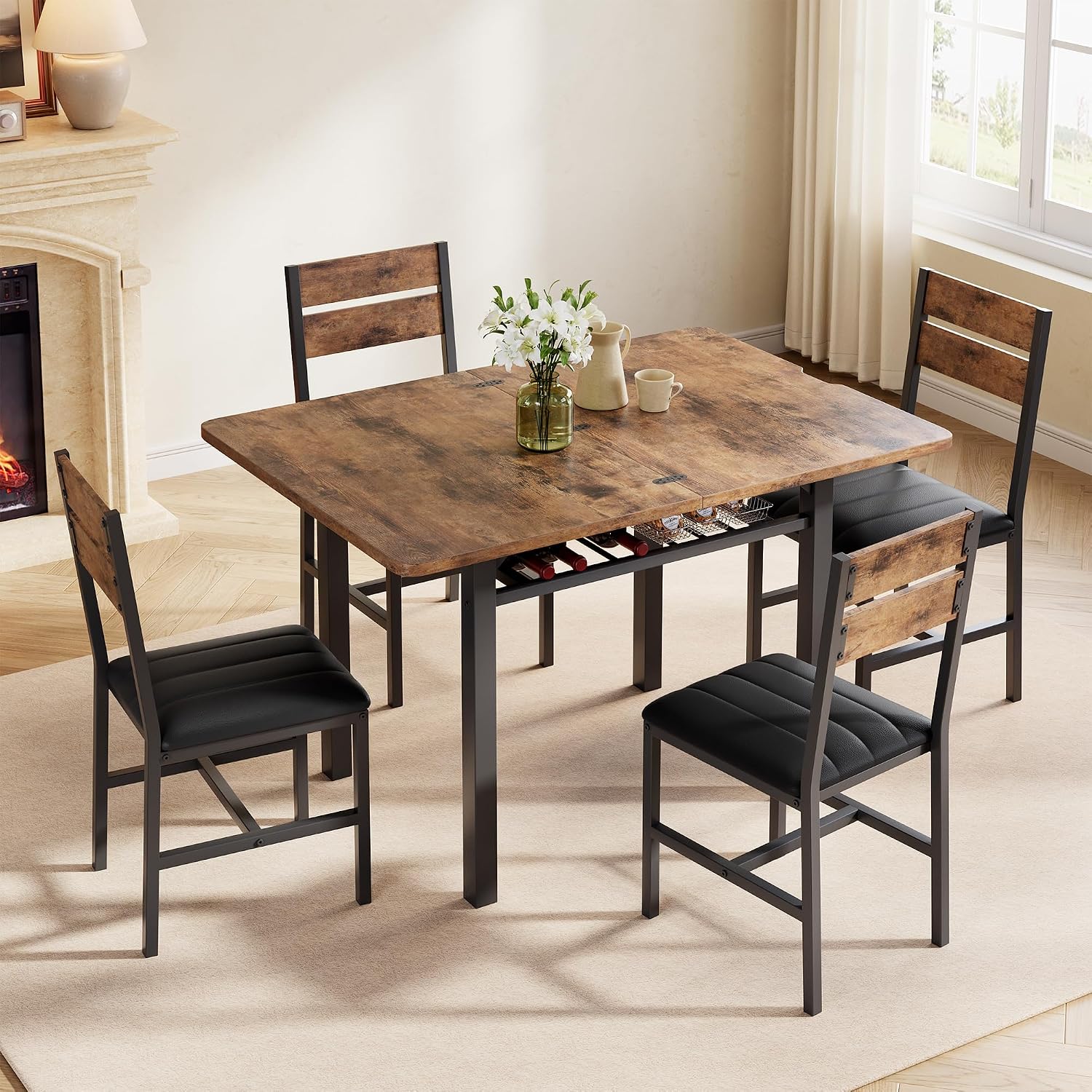 MapleGrace Dining Table Set for 4, Extendable Kitchen Table with 4 PU Leather Upholstered Dining Room Chairs, Wood Kitchen Table Set with Built-in Storage Rack for Dining & Small Spaces, Rustic Brown