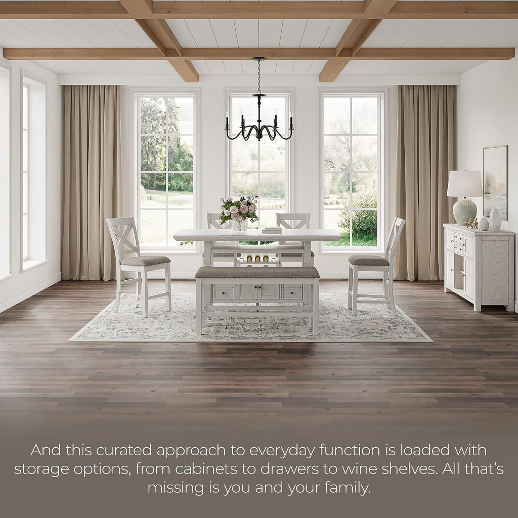 Signature Design by Ashley Robbinsdale Casual Counter Height Dining Table with 10 Bottle Wine Storage, Open Shelves, Drawers and Cabinet, Antiqued White Finish, 36' W x 72' L x 37' H
