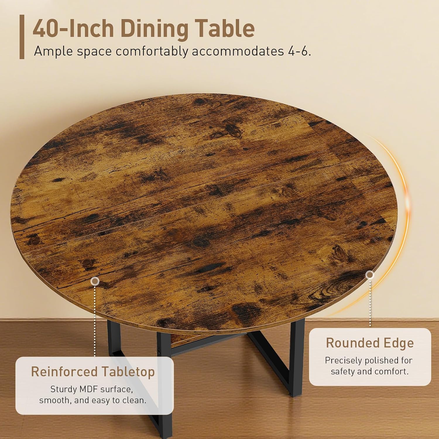 RALGEND Round Dining Table Set for 4, 5-Piece Kitchen Table and Chairs with Storage Shelf, Circle Dinner Table Set with Wooden Tabletop & Metal Legs, for Kitchen & Dining Room, Rustic Brown and Black