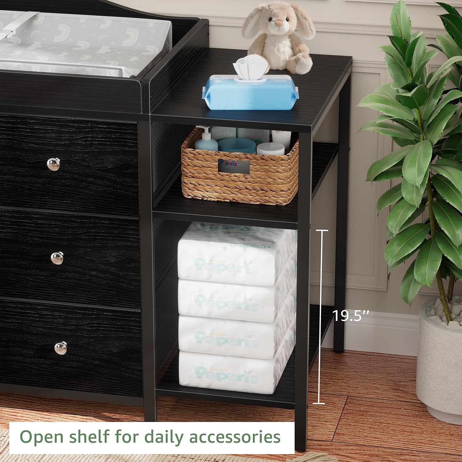 BOLUO Baby Dresser with Changing Table Top, Black Changing Table Dresser with 6 Fabric Drawers Diaper Changing Station with Storage Shelf for Nursery Modern