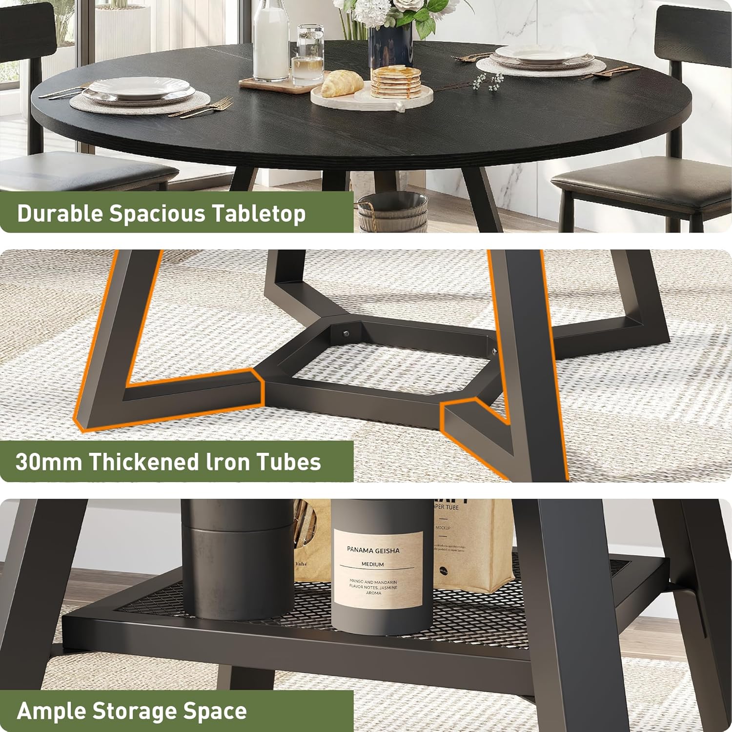 knoworld Round Dining Table for 4-6 with Storage Shelf, Kitchen & Dining Room Circle Pedestal Table, Heavy Duty Metal Frame & Wood Top