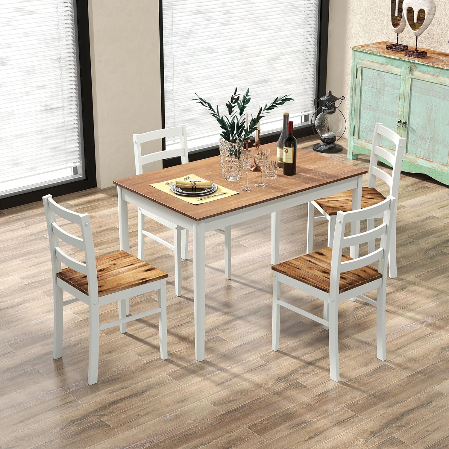COSTWAY Dining Table Set for 4, Wood Kitchen Table Chairs Set with Rubber Wood Legs, Space-Saving Design, Modern 5-Piece Dinette Set for Small Place, Kitchen, Dining Room, Restaurant, Brown