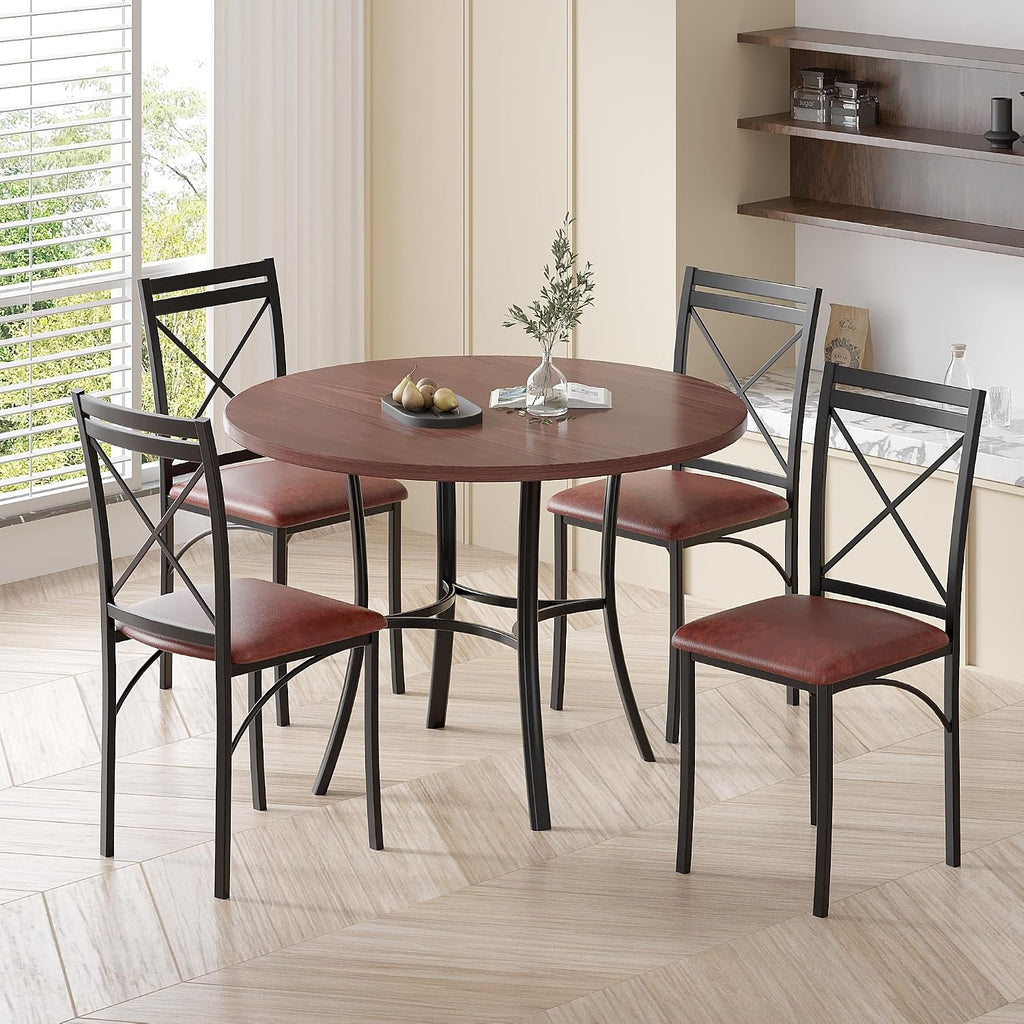 VECELO 5 Piece Dining Table Set for 4, Wood Grain Dinette with Chairs for Kitchen, Breakfast Nook, Small Space, Dark Brown