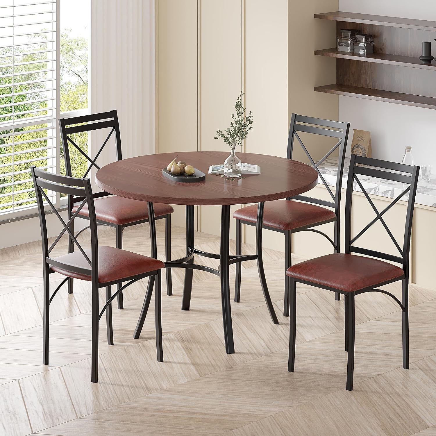 VECELO 5 Piece Dining Table Set for 4, Wood Grain Dinette with Chairs for Kitchen, Breakfast Nook, Small Space, Dark Brown