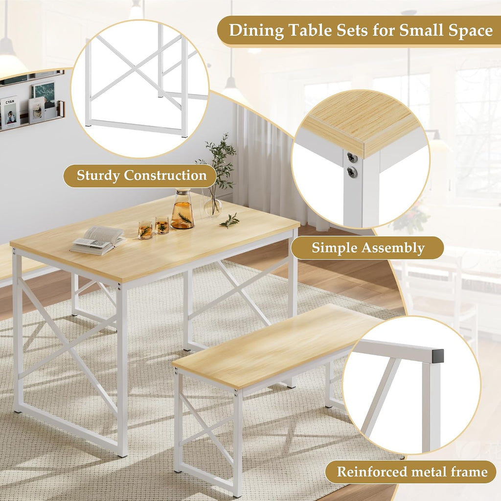 VECELO Kitchen Dining Table Benches Set for 4, 43.3' Wooden Dinette with 2 Benches, Heavy-Duty Dining Room Table for Small Space, Breakfast Nook, Natural Oak