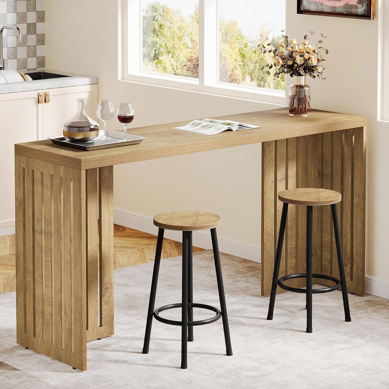 Tribesigns Bar Table, 63-Inch Counter Height Pub Table, Industrial Bar Height Table, Rectangular High Top Kitchen & Dining Counter Tables with Louvered Base for Narrow Space, Natural