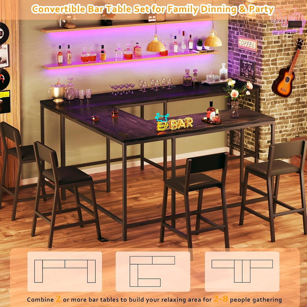 Bar Table and Chairs Set, 3 Piece Convertible L-Shaped Kitchen Table with 2 PU Leather Bar Stools, 63'' Counter Height Small Dining Table with Power Outlets, Space Saving, Breakfast Nook Corner, Black