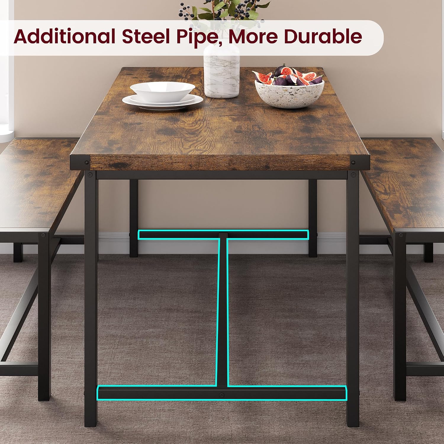 IDEALHOUSE Dining Table Set for 4, Kitchen Table with Benches, Rectangular Dining Room Table Set with 2 Metal Wood Benches, 3 Piece Dining Table Set for Small Space, Apartment, Dinette, Retro Brown