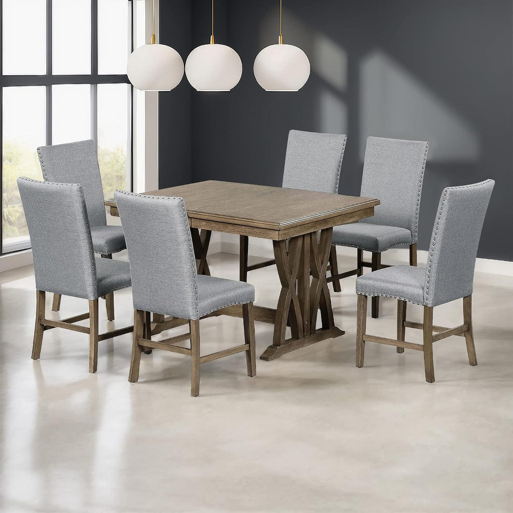 Merax Mid-Century 7-Piece Dining Table Set, Extendable Kitchen Table Set with Upholstered Chairs Set for 6, Golden Brown+Gray