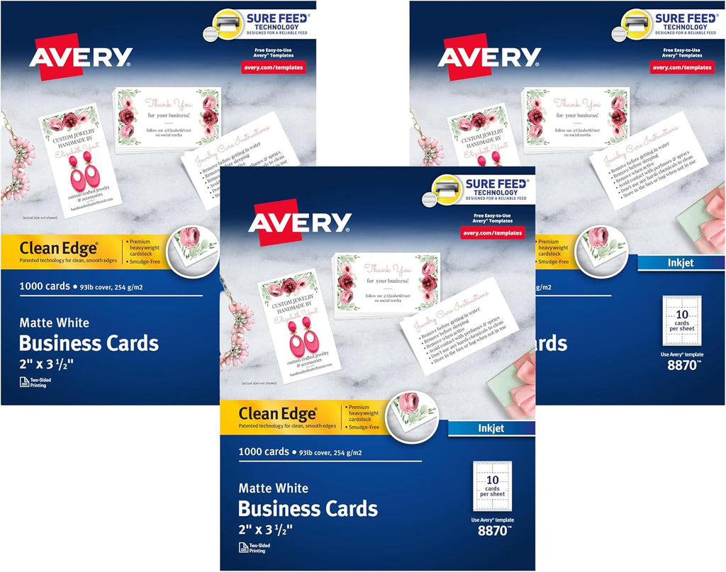 Avery Clean Edge Printable Business Cards with Sure Feed Technology, 2' x 3.5', White, 1,000 Blank Cards for Inkjet Printers (08870) (Pack of 3)
